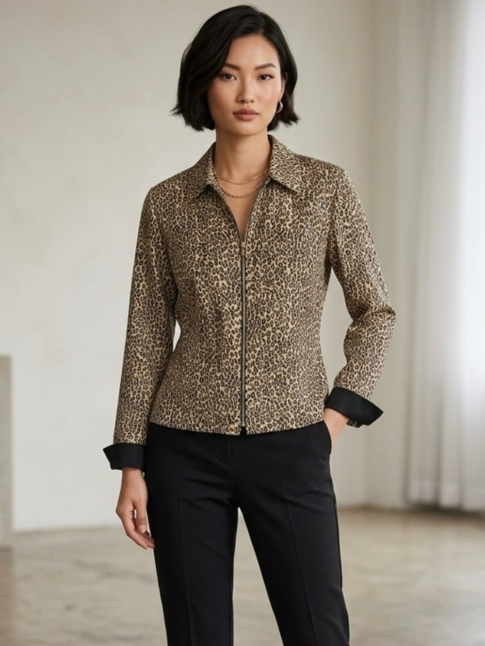 SilkLand Leopard Print Jacket in Tan and Black